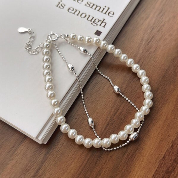 Elegant Double Layer Pearl Bracelet – Sterling Silver Chain & Beads - Image 2