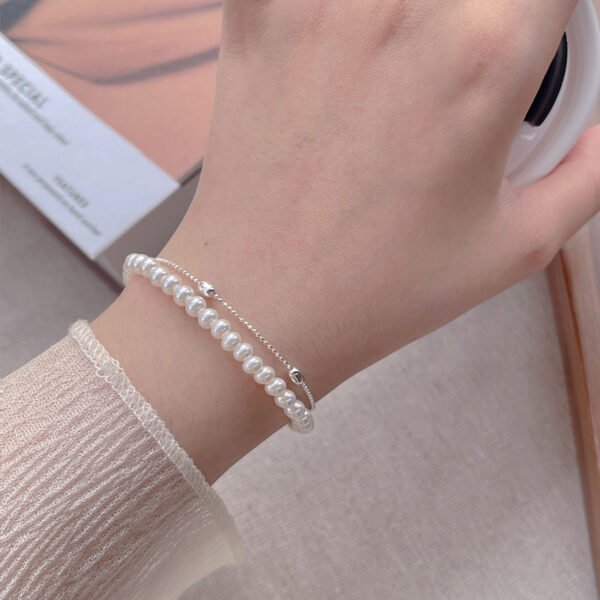 Elegant Double Layer Pearl Bracelet – Sterling Silver Chain & Beads - Image 3